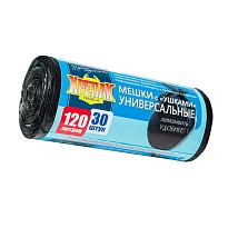 Мешки для мусора 120 л, с ушками, черные, в рулоне 30 шт., ПНД, 15 мкм, 1100х700 мм, Крепак, 4607075710375 в Абакане